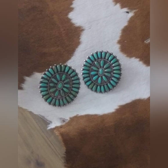 Vintage Signed VH Vernon Haskie Zuni Turquoise Sterling Silver Earrings - Picture 4 of 5